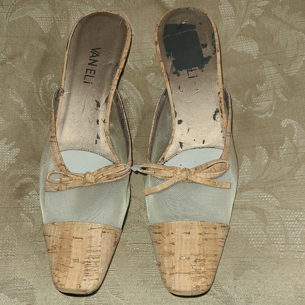 Vaneli Cork and Cream Sandals with Bow Accent